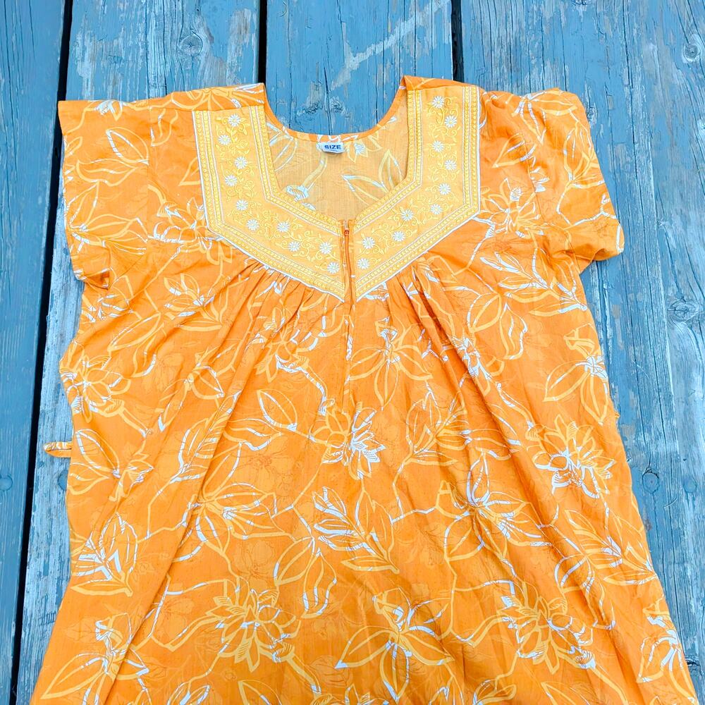 Womens XXL Boho Floral Embroidered Tunic Dress Orange Indian Lounge Lagenlook